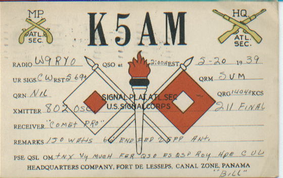 K5AM QSL card - Canal Zone 1939