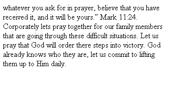 Text Box: whatever you ask for in prayer, believe that you have received it, and it will be yours.” Mark 11:24. Corporately lets pray together for our family members that are going through these difficult situations. Let us pray that God will order there steps into victory. God already knows who they are, let us commit to lifting them up to Him daily. 
 
 
 
 
 
G
