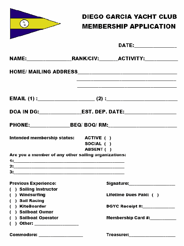 Diego
                      Garcia Yacht Club Membership Application Form