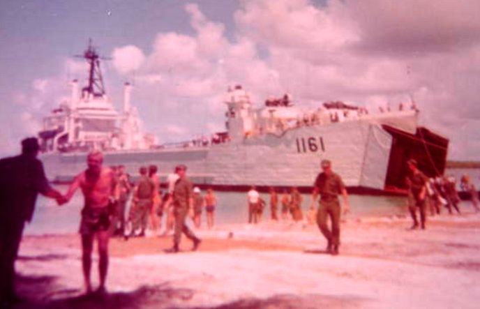 USS VERNON COUNTY arrives at Diego
                        Garcia Atoll, March 1971