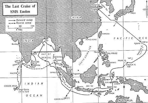 Map of the Indian Ocean raid by the German
                      Cruiser EMDEN, 1914