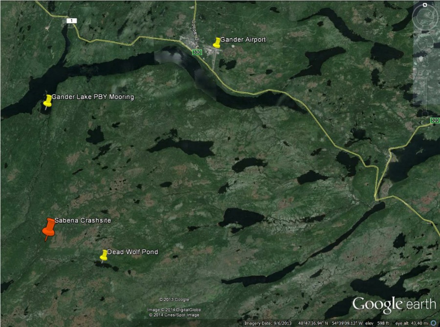 Sabena Crash Site near Gander, Newfoundland,
                    on Google Earth.