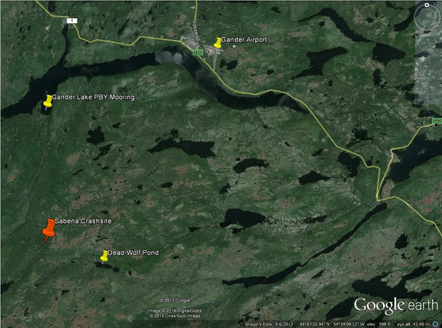 Sabena Crash Site near Gander, Newfoundland,
                    on Google Earth.